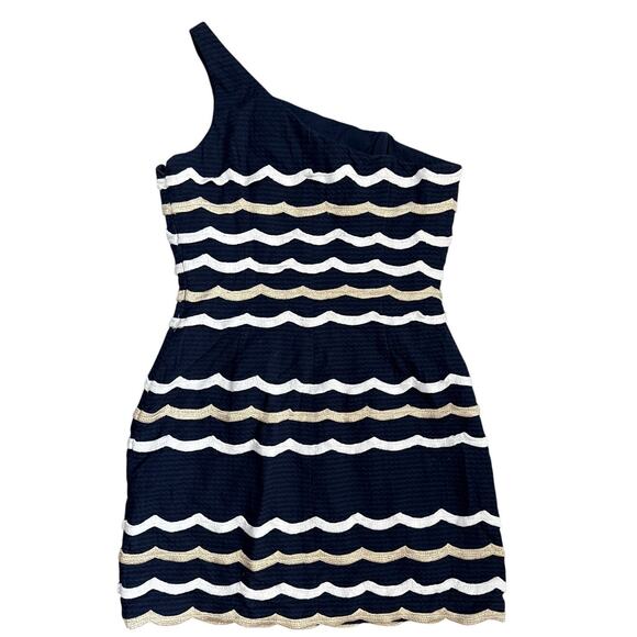 Lilly Pulitzer Tylar One-Shoulder Mini Dress Navy White &‎ Gold Striped Size 6 - Picture 7 of 11